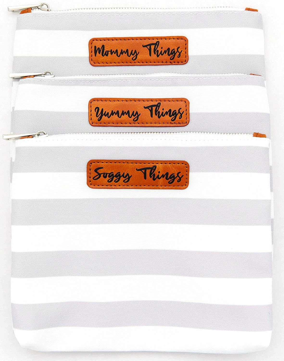 Stylish Diaper Bag Organizing Pouches - XL Set of 4 Gray and White Striped Canvas Diaper Bag Pouches with Leather Embossed Labels, Leather Wristlet Strap & Durable Metal Zippers