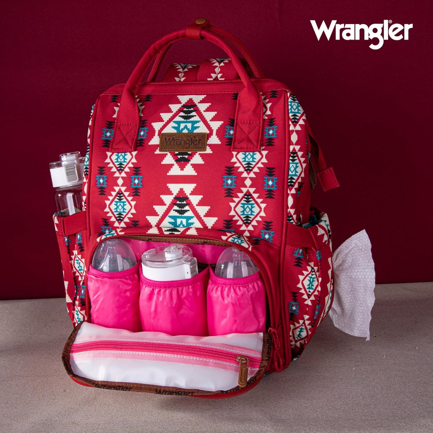 Montana West Wrangler Diaper Bag Backpack Aztec Travel Backpack Purses Western Multi-Function Baby Bags for Mom with Waterproof Insulated Pockets