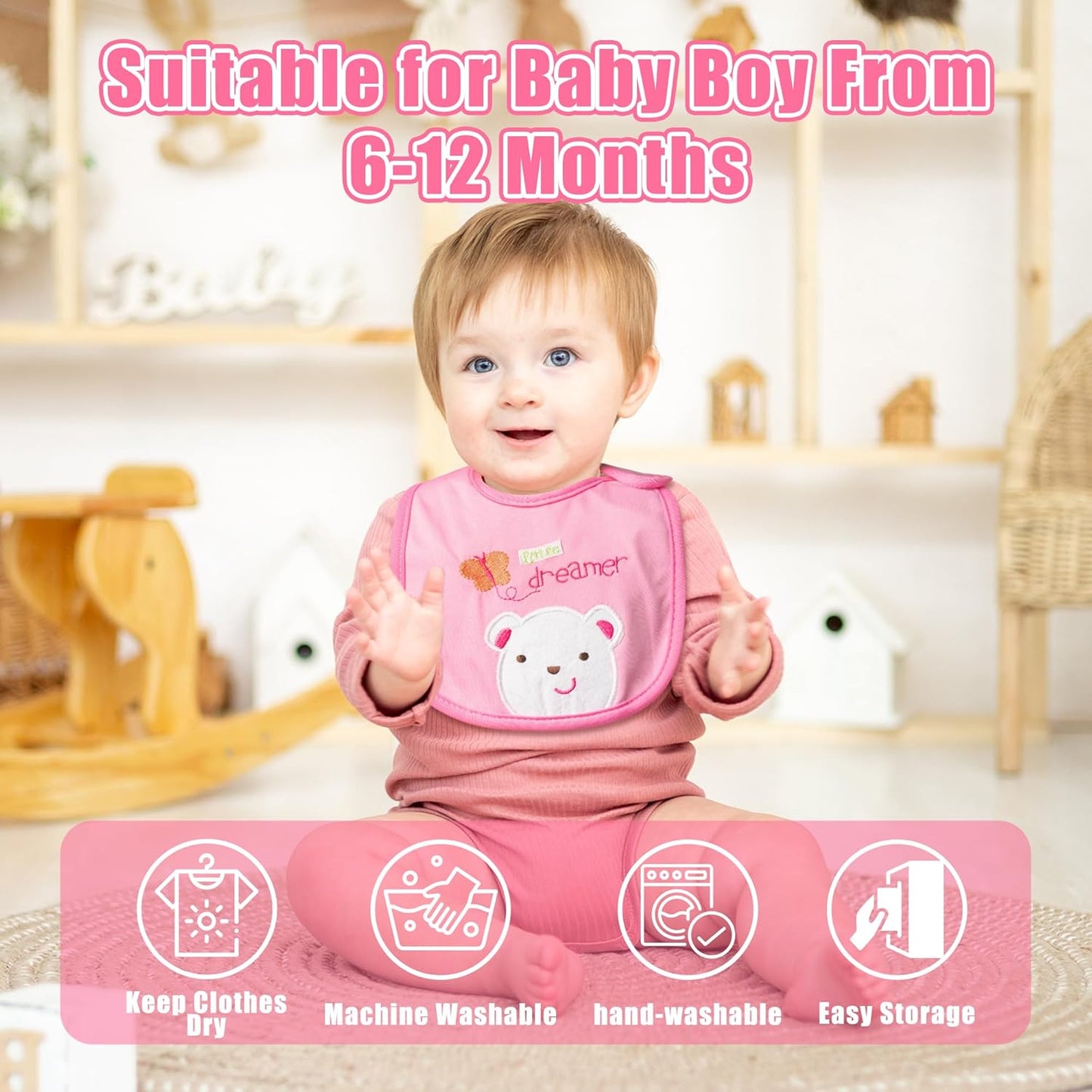 Cotton Waterproof Baby Bibs - 24Pcs Adjustable Hook Loop Closure Bib for Feeding Teething Drooling Eating, 6-12 Months