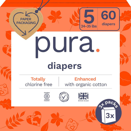 Pura Size 5 Eco-Friendly Diapers (24-35 lbs) Totally Chlorine Free (TCF) Hypoallergenic, Soft Organic Cotton, up to 12 Hours Leak Protection, Allergy UK, 3 Packs of 20 (60 Diapers)