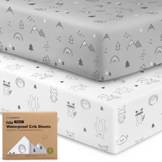 2-Pack Waterproof Baby Crib Sheets for Boys, Girls - 52x28 Viscose Derived from Bamboo Toddler Bed Sheet Neutral, Fitted Crib Mattress Protector Cover for Baby Bedding, Soft & Gentle (Woodland)