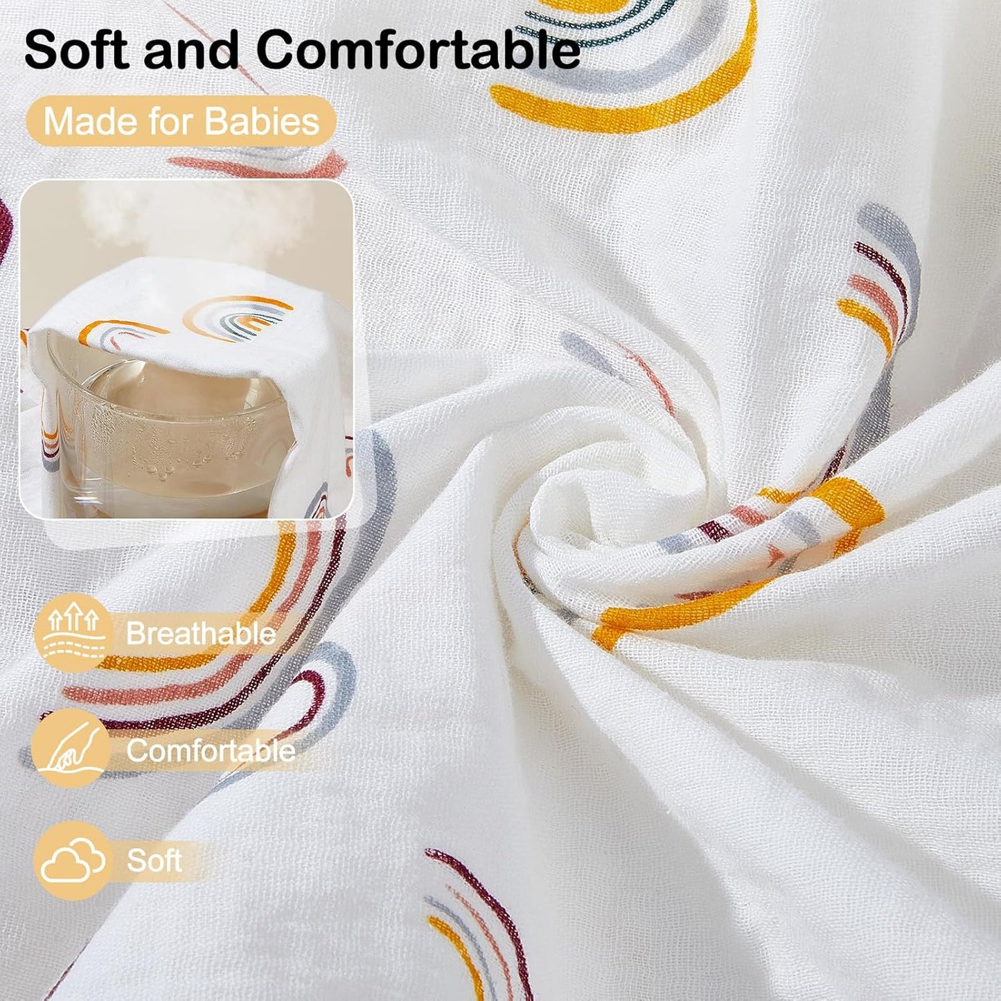 Baby Bassinet Sheets TPU Waterproof 2 Pack Soft Muslin Bedside Bassinet Mattress Sheets with Bottom Elastic Band for Baby Boy Girls Unisex Fit Hourglass Oval and Rectangle, White Rainbow