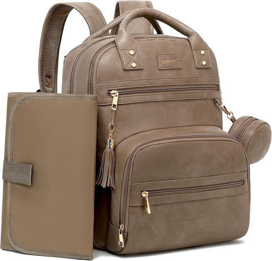 Premium Vegan Leather Diaper Bag Backpack with Waterproof Changing Pad, Reinforced Zippers & Odor-Free, 20 Pockets Pro Organizer, Fits 15.6" Laptop, Stroller Straps, Baby Bag for Mom, Taupe