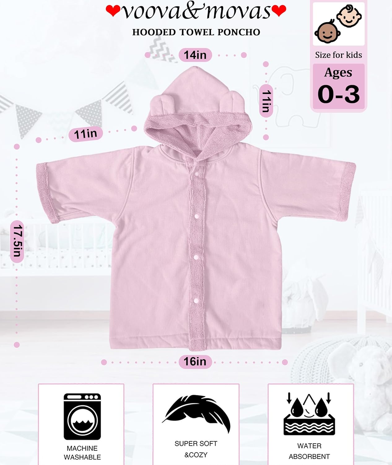 VOOVA & MOVAS Baby Hooded Towel with Bear Ear, 0-3Years | 100% Cotton,Low Lint, Ultra-Soft & Absorbent | Gentle for Sensitive Skin, Bath, Pool & Beach Towel | Newborn (Pink)