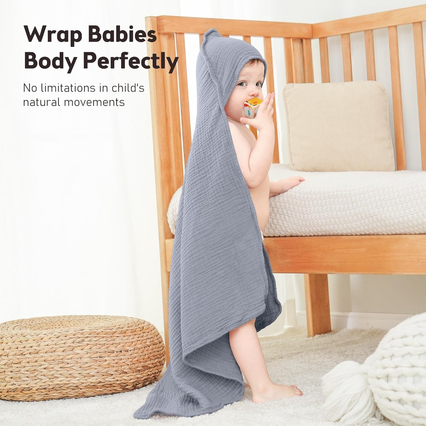 Susurration Hooded Baby Towels for Newborn 2 Pack 100% Muslin Cotton Towel for Babies，Highly Absorbent and Newborn Essential 30x30 Inch Gray&Green