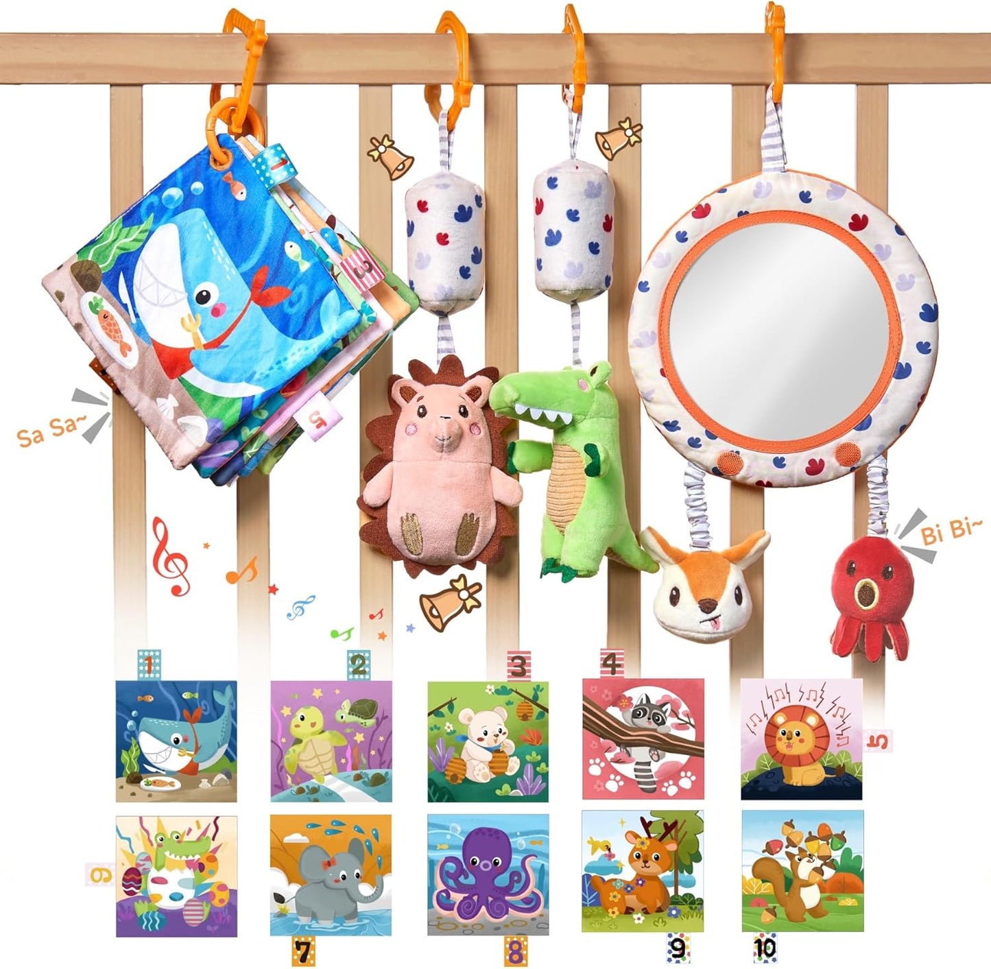 TUMAMA Car Seat Toys 3 6 9 12 Months, Plush Animal Rattle Mirror Soft Crinkle Book Baby Enlightenment Toy Set, Newborn Crib Stroller Play Gym Hanging Toys