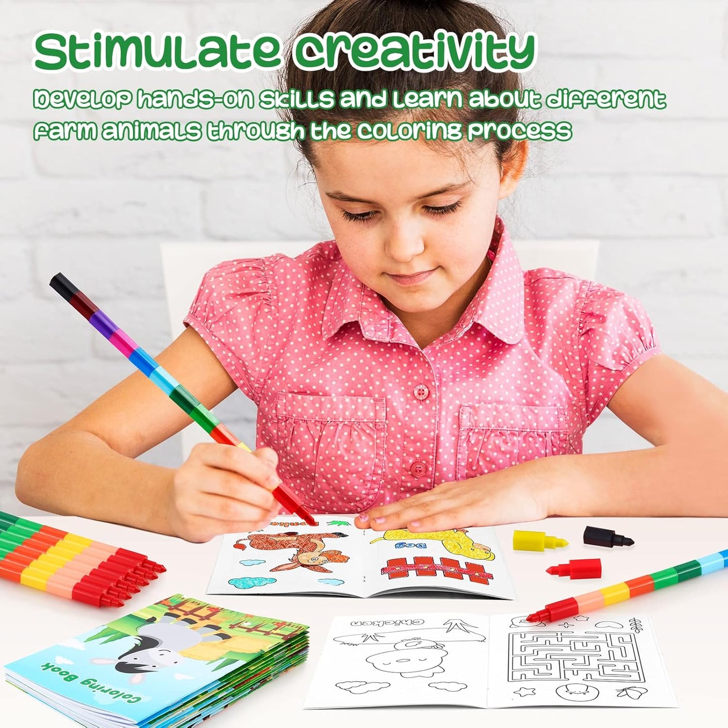 BenLouis 12 Farm Animals Mini Coloring Books Kids with 12 Stacking Crayons Cow Horse Barn Party Favors Small Activity Books Bulk for Kids Farm Birthday Party Gift Goodie Bag Stuffers