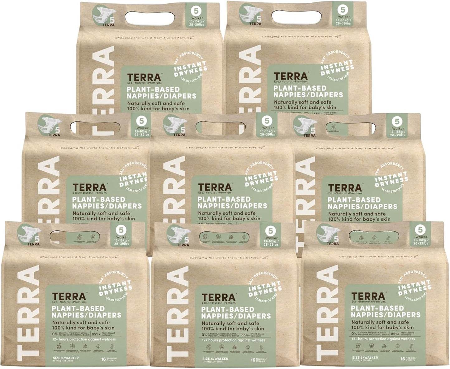 Terra Size 5 Plant-Based Diapers: Ultra-Soft & Chemical-Free for Sensitive Skin, Superior Absorbency for Day or Night, 128 Count