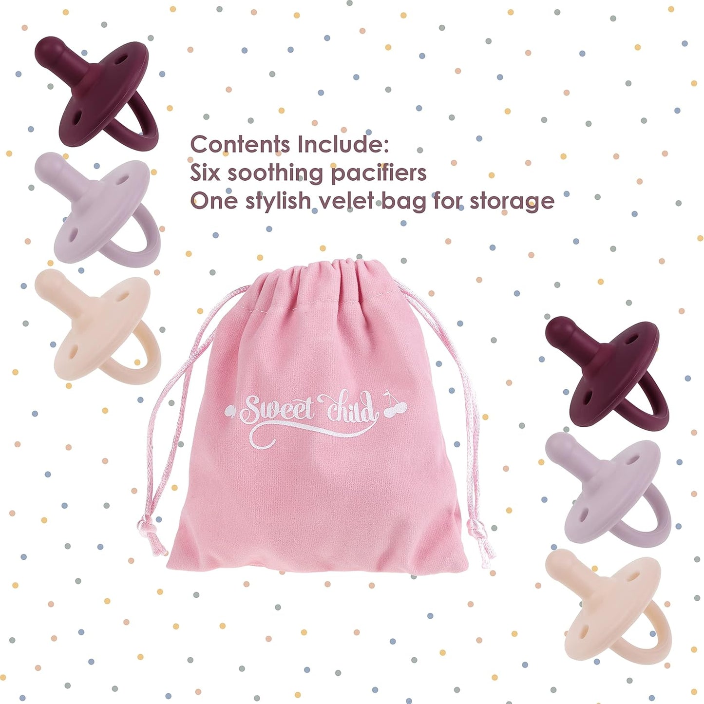 Sweet Child Pacifiers 0-18 Months, Set of 6 Ultra-Light Silicone Binkies with Collapsible Handle & 3 Air Holes for Added Safety, Best Newborn Pacifiers for Baby Boys Or Girls