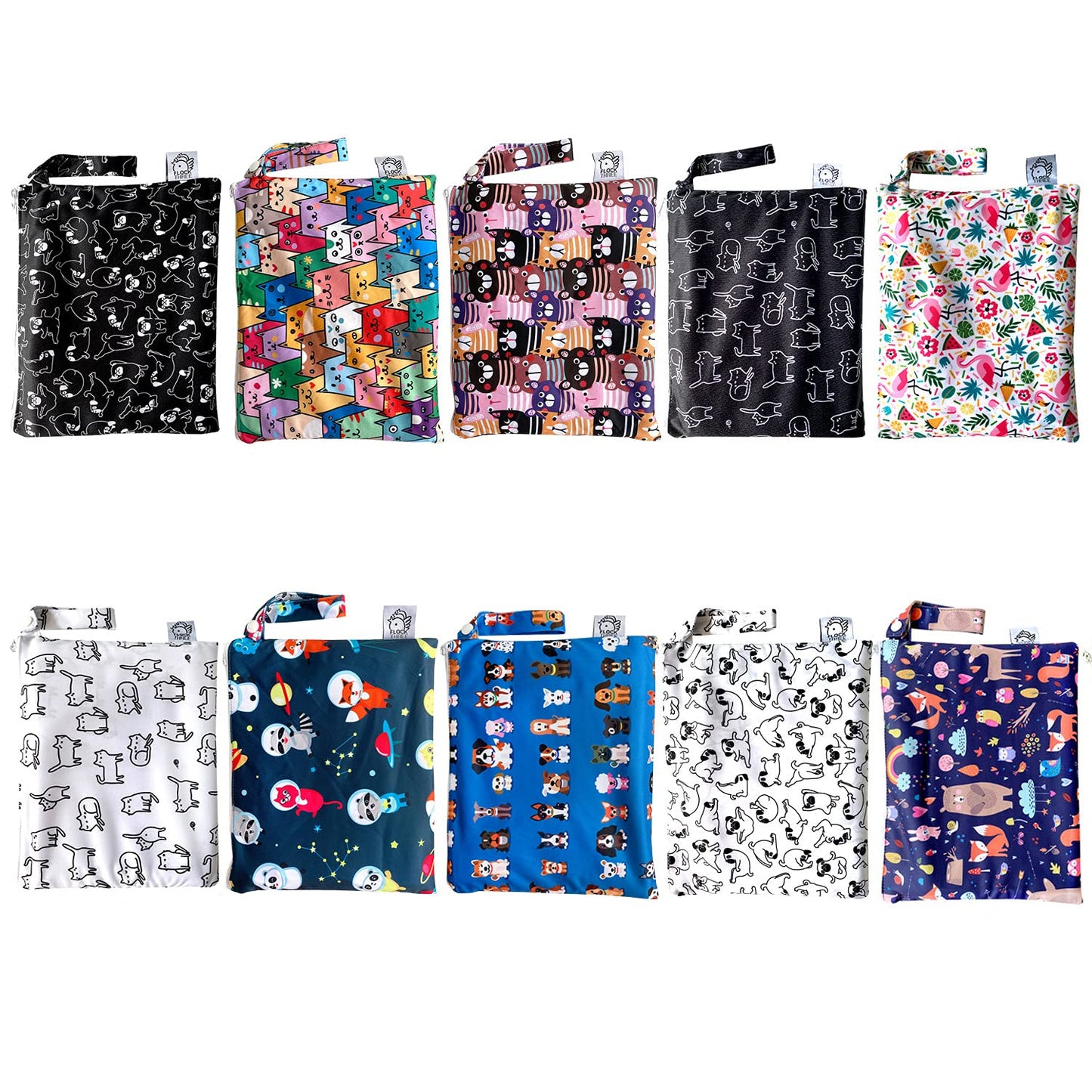 Flockthree Waterproof Baby Changing Pad with Storage Bag (28.7" X 19.7") Washable Wipeable Reusable Leak Proof Diaper Travel Mat Station Changing Mattress Liner Cribs Bed Cover, Animals