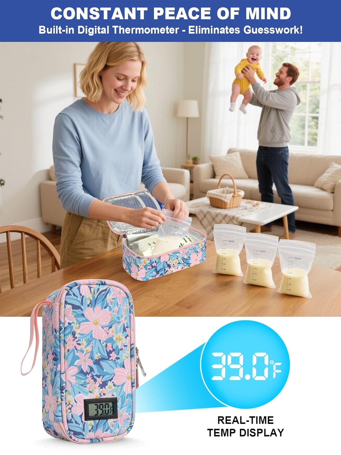YOUSHARES Breastmilk Cooler Travel Bag with Digital Thermometer, Small Insulated Baby Milk Storage with 2 Ice Packs, Daycare and On-The-Go Moms （Pastel Flowers）