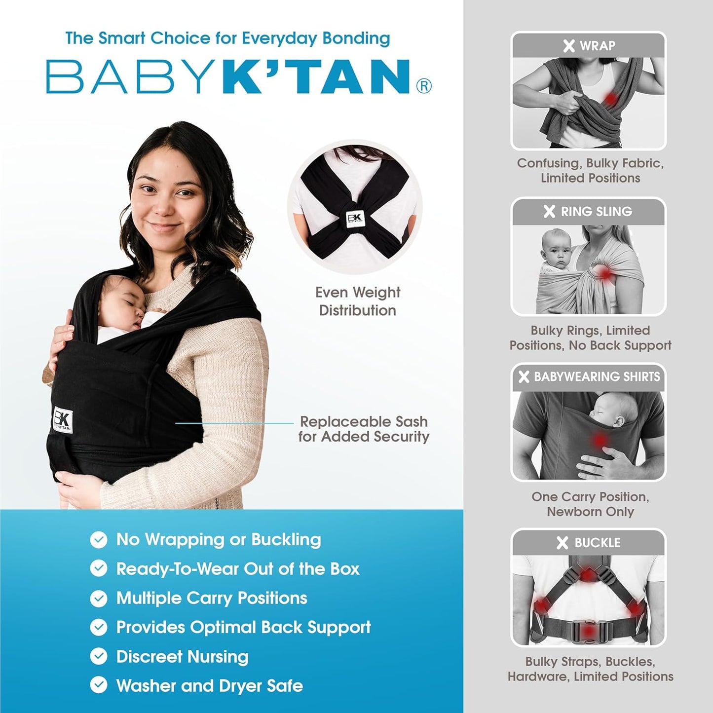 Original Baby K'tan Baby Carrier: #1 Easy Pre-Wrapped, Soft, Slip-On, No Rings, No Buckles | 5 in 1 Baby Sling Gift | The Best Hands Free Infant Wrap | Black | Large