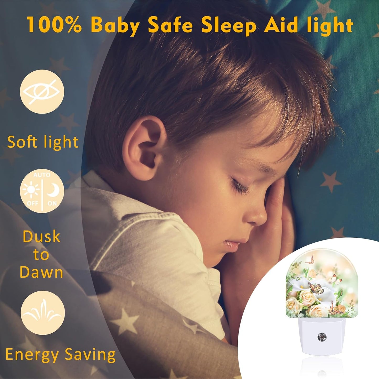 Yellow Rose Flowers Butterfly Night Light Plug into Wall, Spring Floral Butterflies Dusk to Dawn Night Light Plug in,0.5w Energy Saving Sleep Friendly NightLight for Kids Boys Girls Home Decor