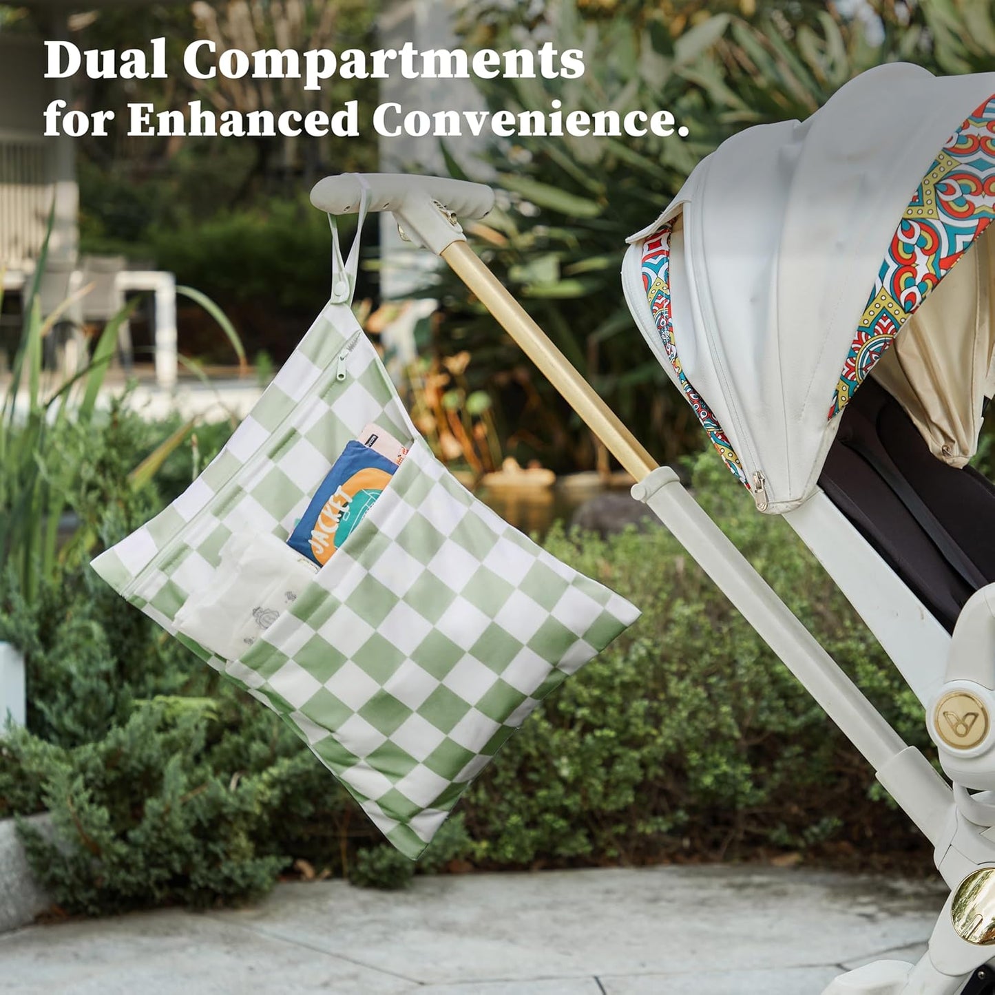 Sage Green Checkered Waterproof Wet Dy Diaper Bag for Baby Essentials, Travel, Swimsuit, Beach Bag Accessories, Aesthetic Trendy Cute Toddler Baby Cloth Bag Pouch, Pack of 2