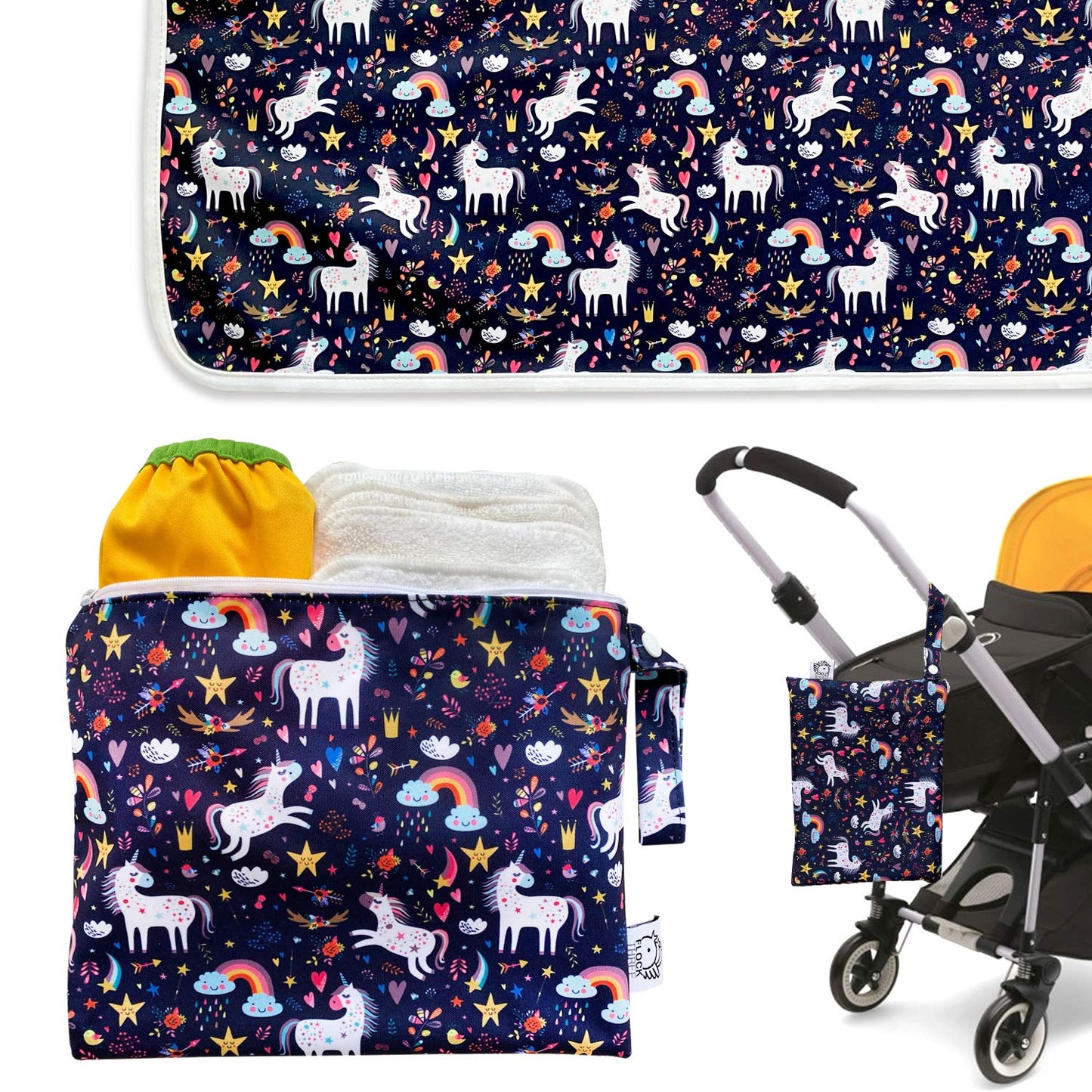 Flockthree Waterproof Baby Diaper Changing Pad with Storage Bag (28.7" X 19.7") Washable Wipeable Reusable Leak Proof Diaper Travel Mat Station Changing Mattress Liner Cribs Bed Cover, Unicorns