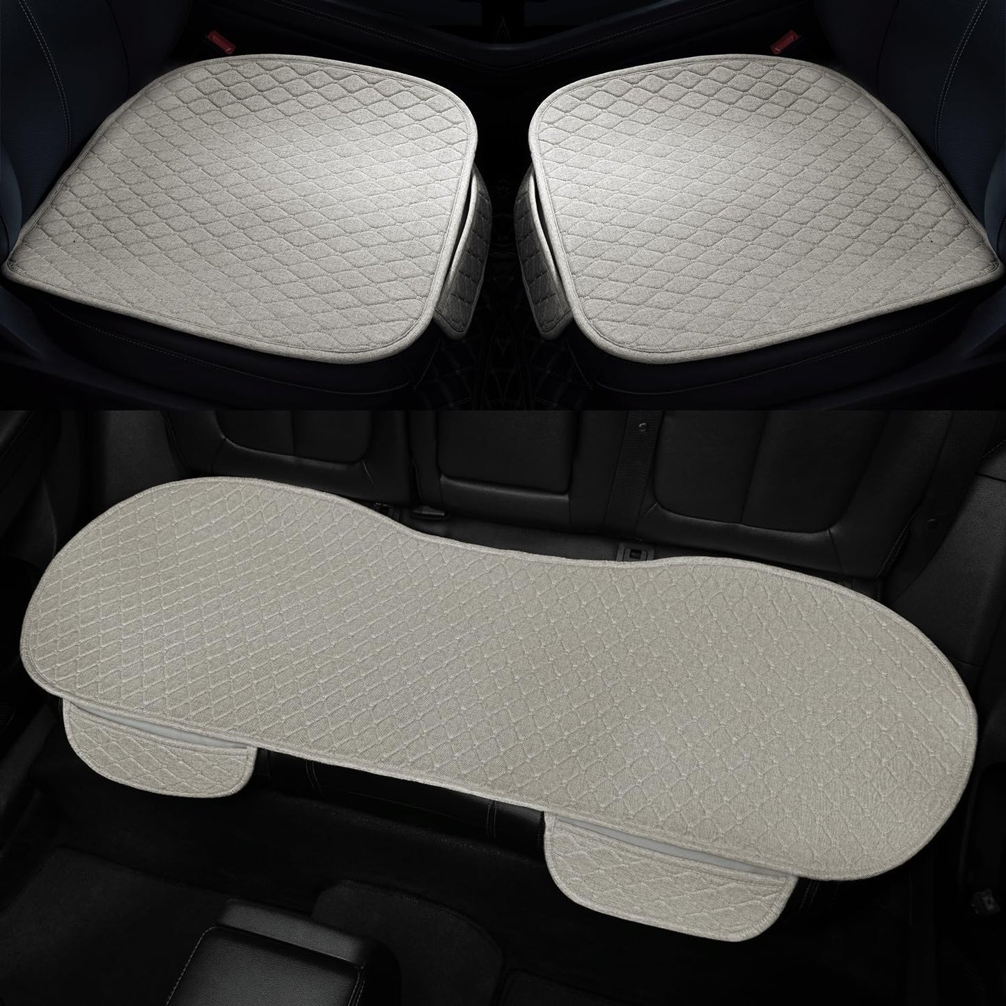 3 PCS Linen Car Seat Covers with Storage Pocket, Back Seat Covers Protectors with Non-Slip, Breathable Bench Seat Covers Universal Fit for SUVs, Cars, Trucks (Beige)