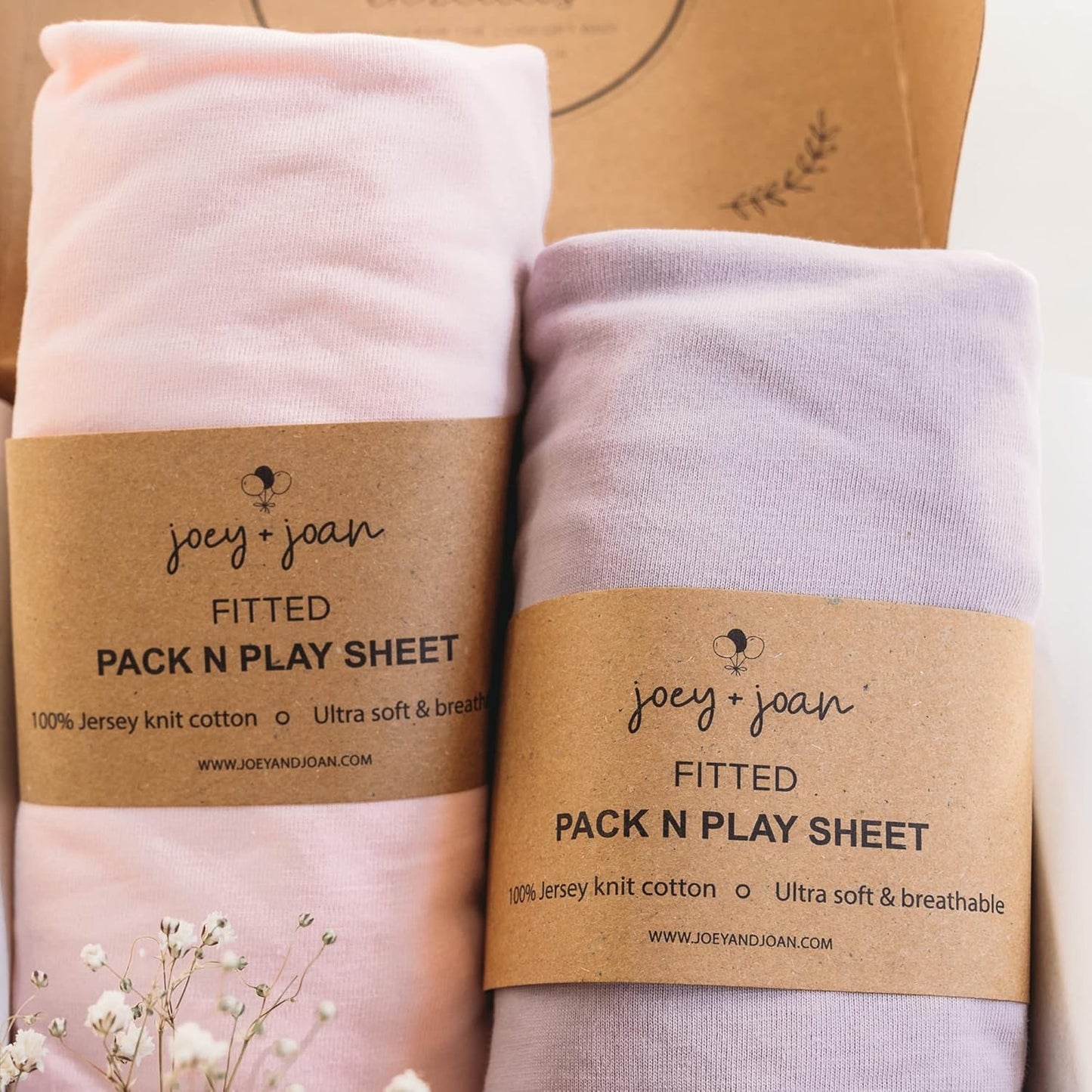 Pack and Play Sheets Fitted – Compatible with 4moms Breeze Plus Playard and Other Large Playpen Mattress – Snuggly Soft 100% Jersey Cotton – Pale Pink + Lilac – 2 Pack