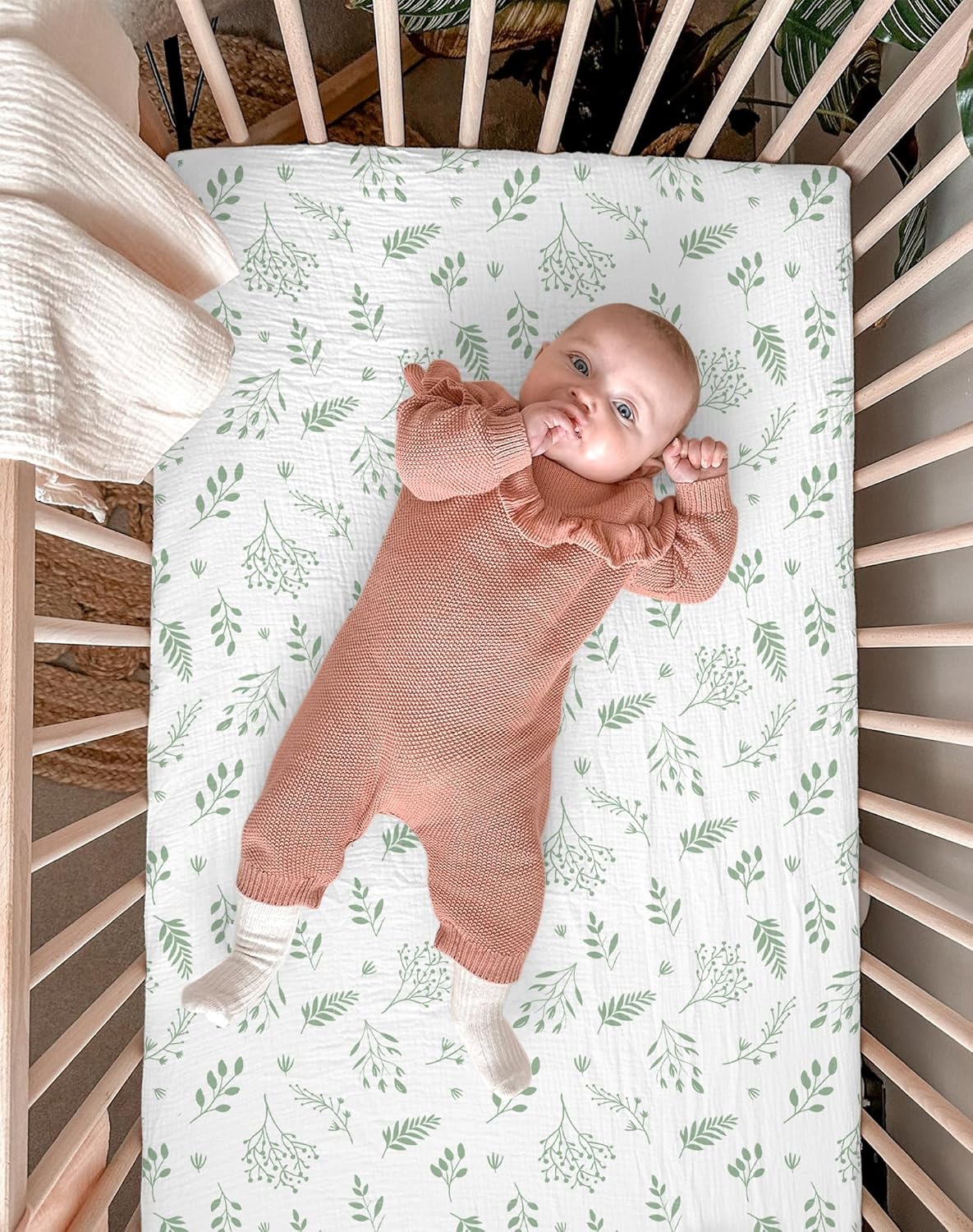 Pack and Play Sheets for Baby Boy and Girl 2 Pack, Neutral Muslin Cotton Pack N Play Mattresses Sheet 27"x39", Muslin Nursery Bedding Soft and Breathable Comfort (Fern Leaf & Sage)