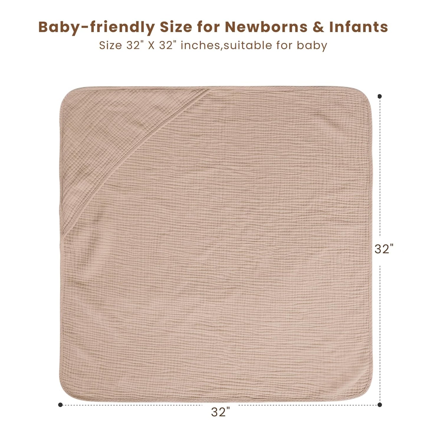 Konssy 2-Pack Muslin Hooded Baby Towels, 100% Cotton, Ultra-Soft & Absorbent Baby Bath Towels with Hood for Newborn & Infant (Camel, Sun,32" x 32")