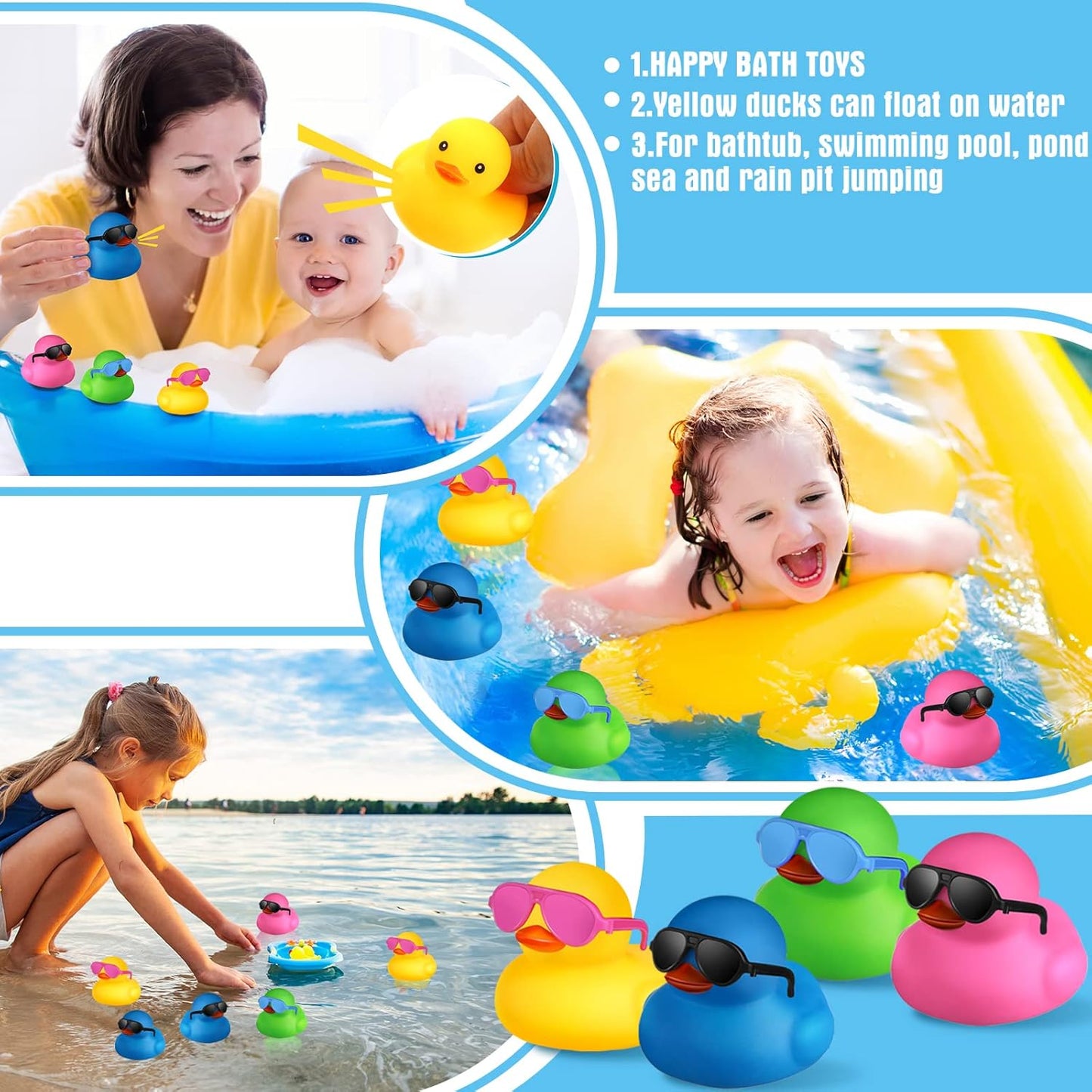 Chivao 48 Pcs Mini Rubber Ducks with Sunglasses in Bulk Small Duck Gift Bathtub Toys for Holiday Cruise Birthday Party Favor(Multicolor)