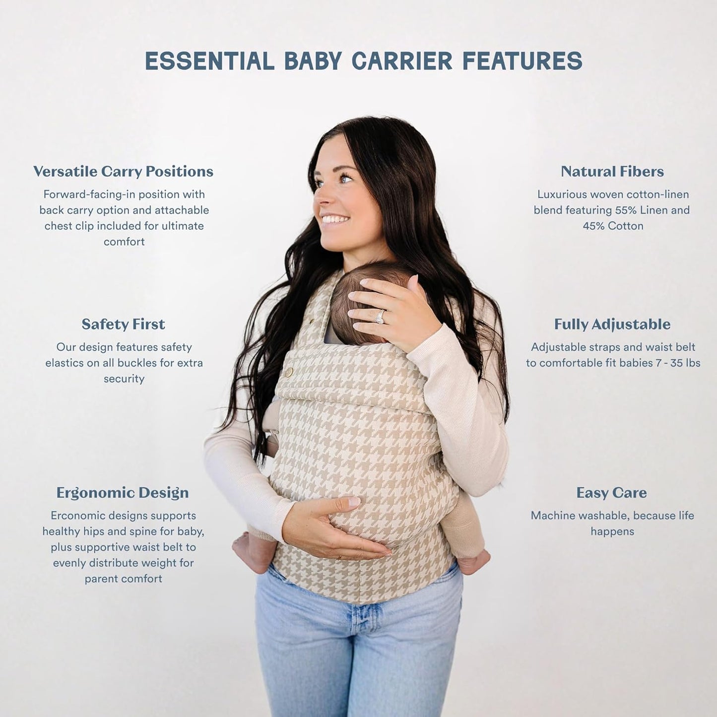 Ava & Oliver Essential Baby Carrier – Ergonomic, Hip-Healthy Soft Structured Carrier for Infants & Toddlers (7–35lbs) - Front and Back Carry, Breathable Fabric, Stylish & Lightweight (Houndstooth)