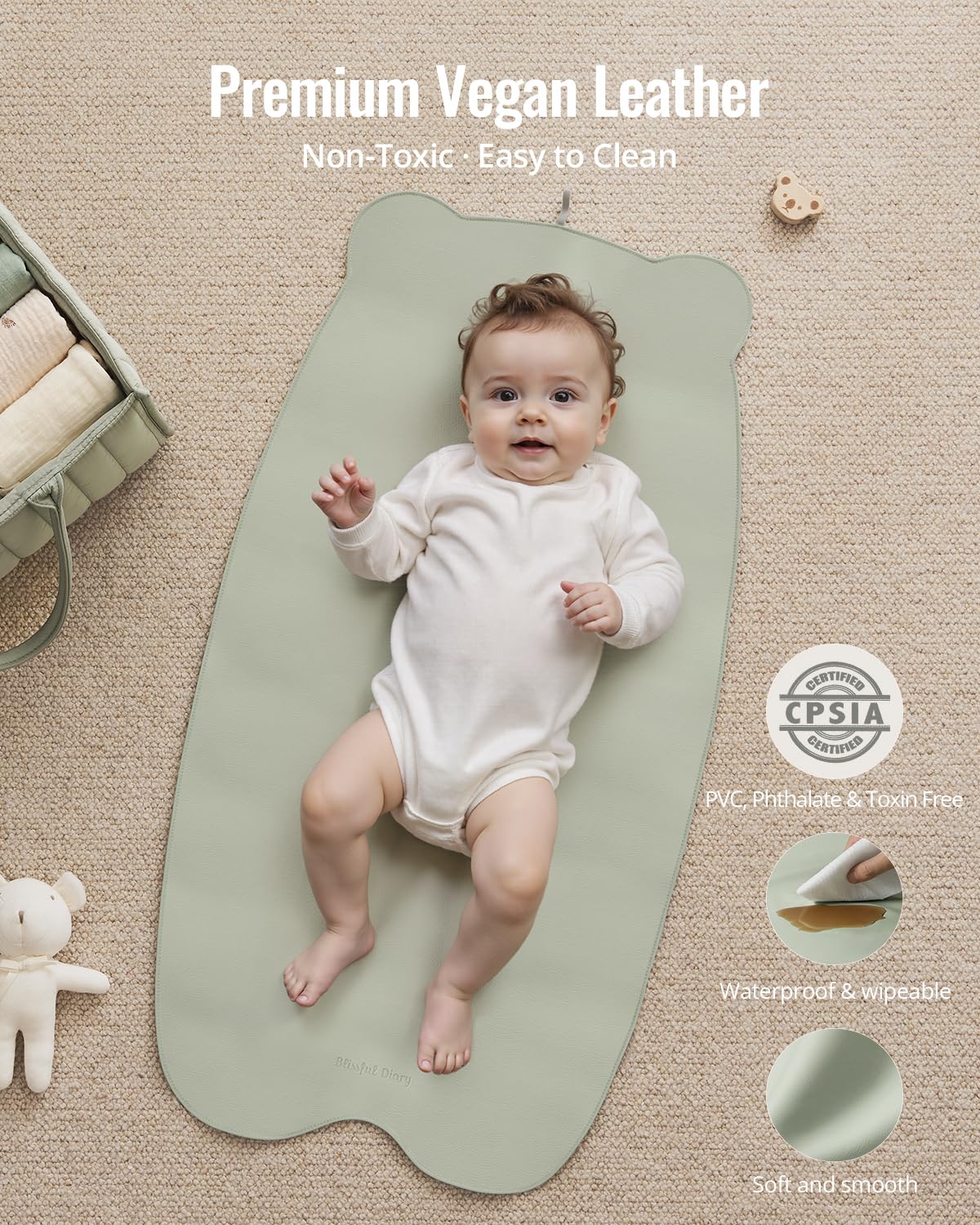 Blissful Diary Vegan Leather Portable Changing Pad, Wipeable & Waterproof Baby Change Mat in Diaper Bag, Travel Essential & Registry Gift, Light Green