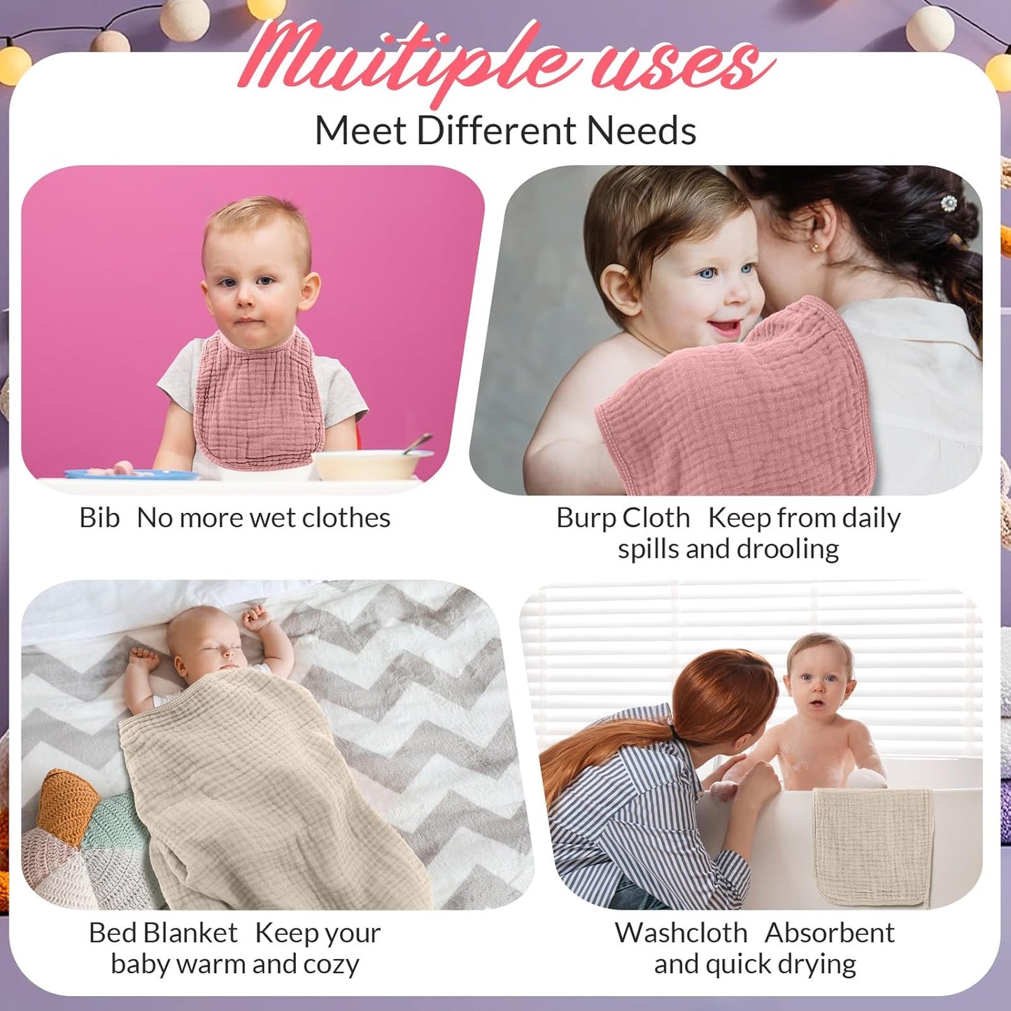 6 Pcs Muslin Hooded Bath Towels Washcloths and Bibs Set, Muslin Cotton Baby Towels Absorbent Hooded Blanket Towel Infant Bibs for Boys Girls Newborn Infant Essentials(Pink, Brown)