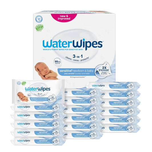 WaterWipes Sensitive+ Newborn & Baby Wipes, 3-In-1 Cleans, Cares, Protects, 99.9% Water, Unscented & Hypoallergenic, 1080 Count (18 Packs)