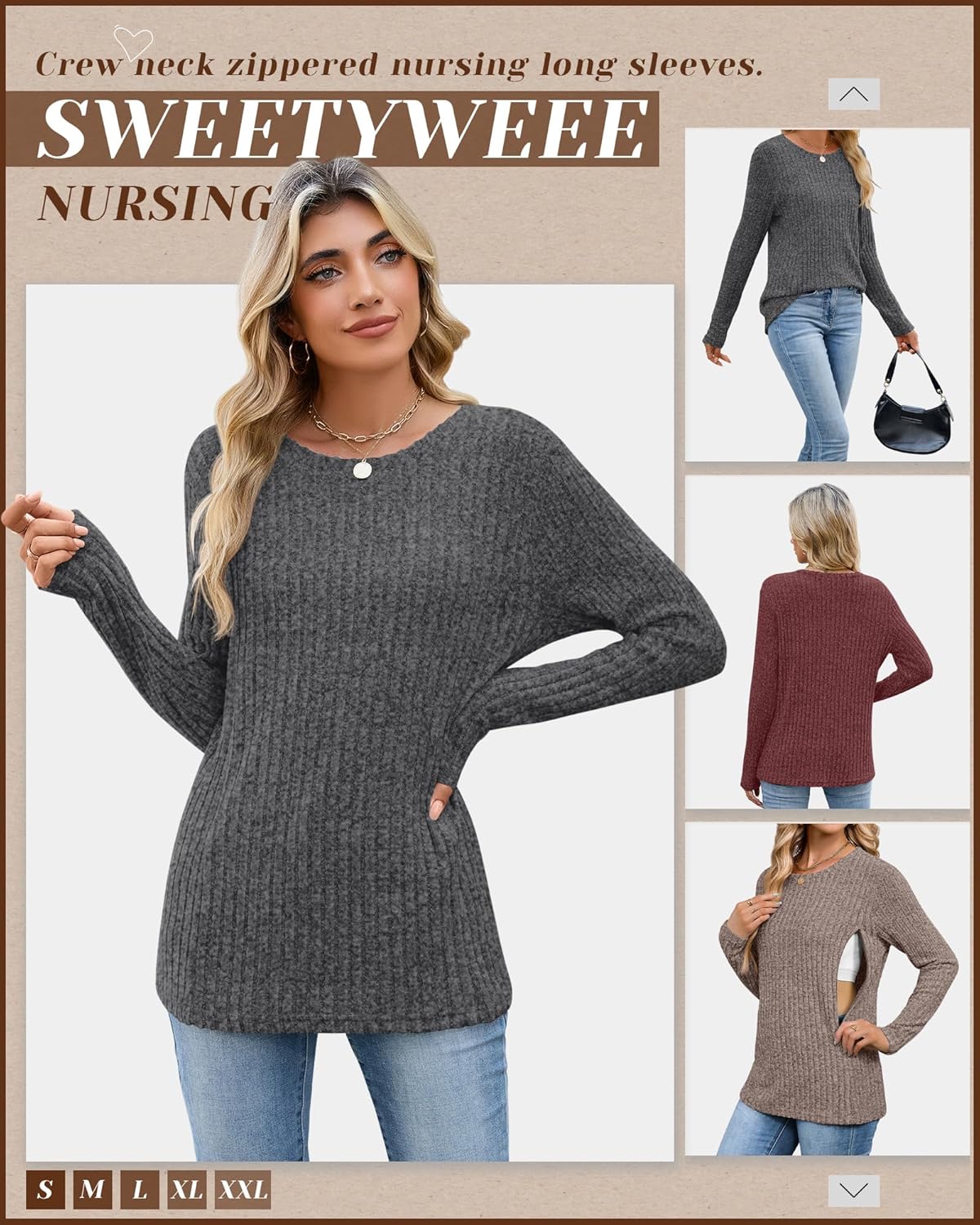 3 Pack Women's Nursing Long Sleeve Tops Breastfeeding Thermal Sweaters with Hidden Zipper Maternity Ribbed Shirts