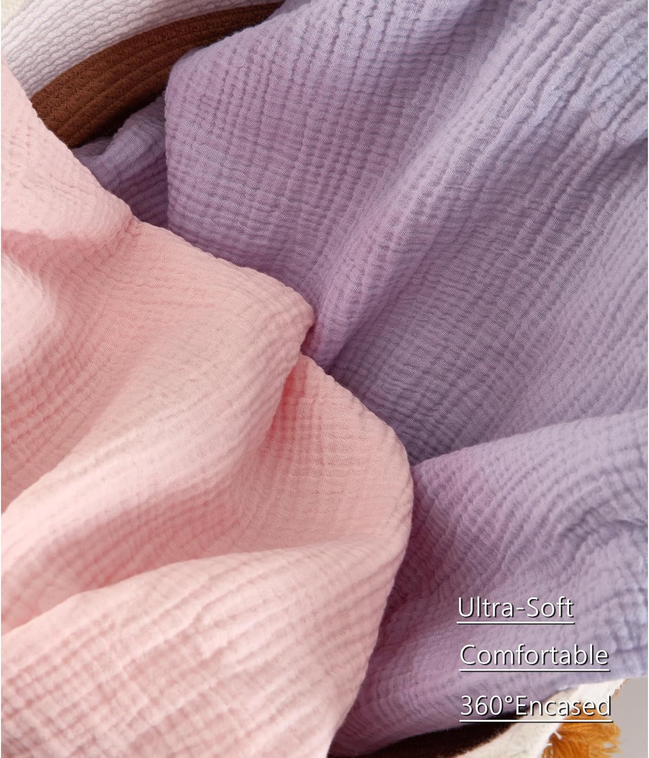 TILLYOU Muslin Bassinet Sheets Girls Boys, 100% Cotton Bassinet Sheets, Fit Oval, Rectangle and Square Mattress, 2 Pack，Light Purple&Light Pink
