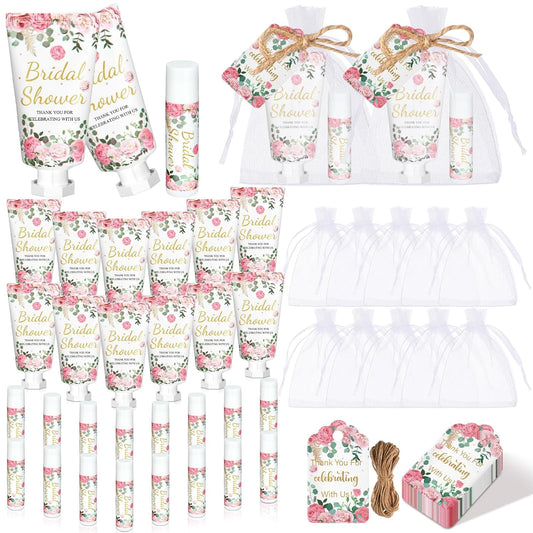24 Sets Hand Cream and Lip Balm Gift Bridal Baby Shower Party Supply Travel Size Hand Lotion and Lip Balm Bulk with Organza Bag and Tag Wedding Baby Shower Party(Cherry,Floral)