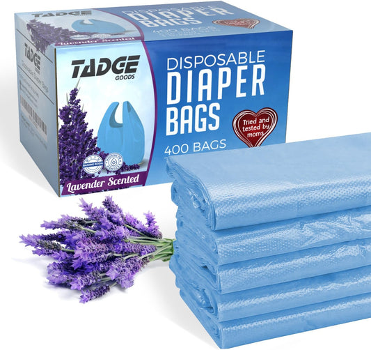 Baby Disposable Diaper Bags 400 Pack - Scented Lavender Odor Absorber Biodegradable Plastic Sacks for Trash - Essential Items for Dirty Diapers - Refill 400 Count