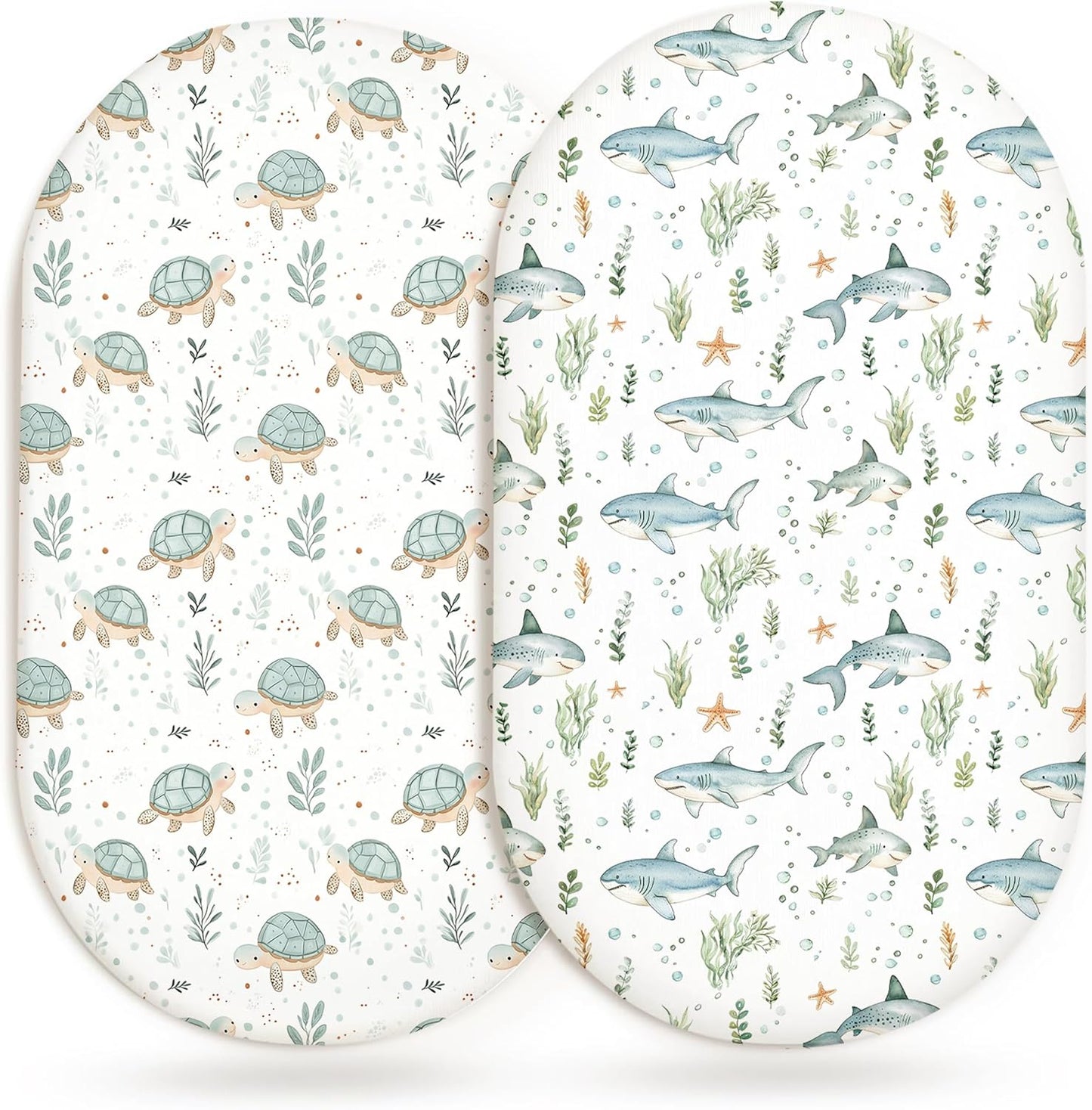 Bassinet Sheets for Baby Girls Boys 2 Pack, Fitted Baby Mattress Sheet for Rectangle, Oval, Hourglass Bassinet Mattress, Breathable Cozy & Universal Fit (Turtle & Shark)