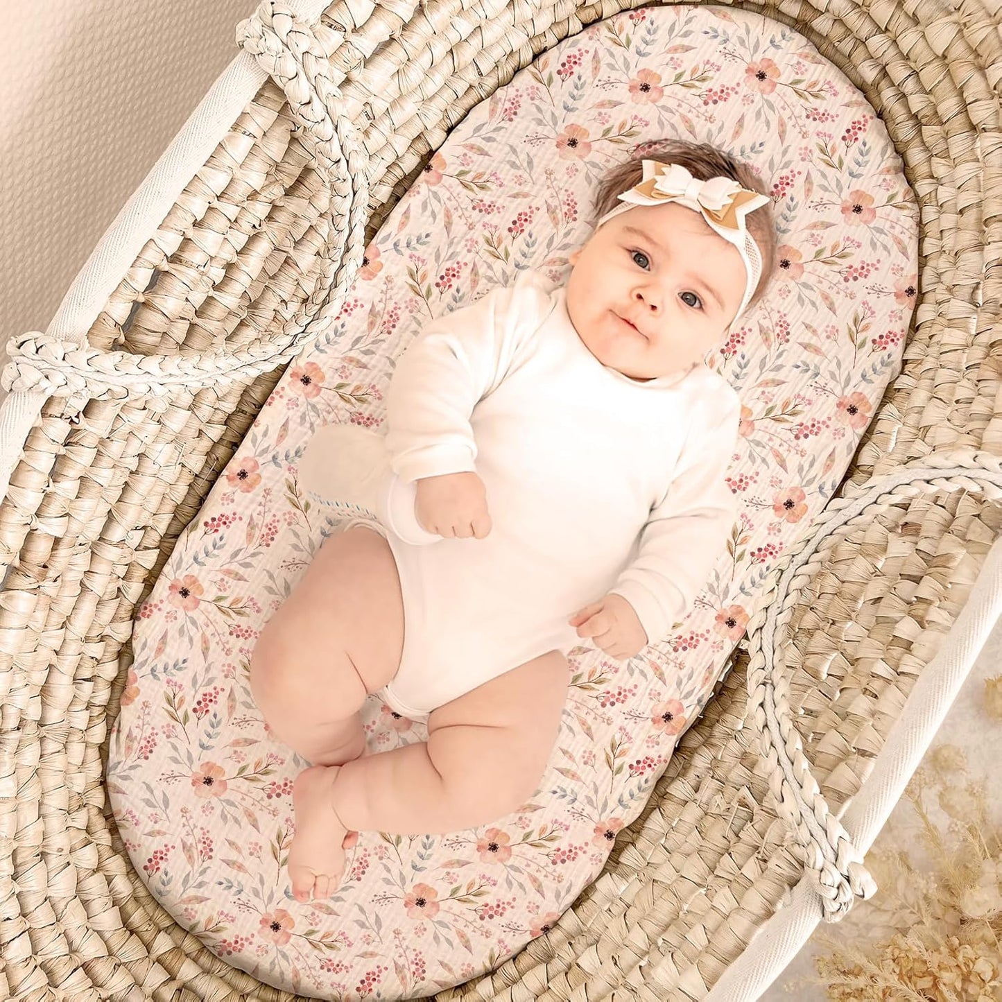 lulumoon Baby Muslin Bassinet Sheets: Skin-Friendly Floral Bassinet Sheets for Girls - Fitted for Oval Rectangle or Hourglass Mattress