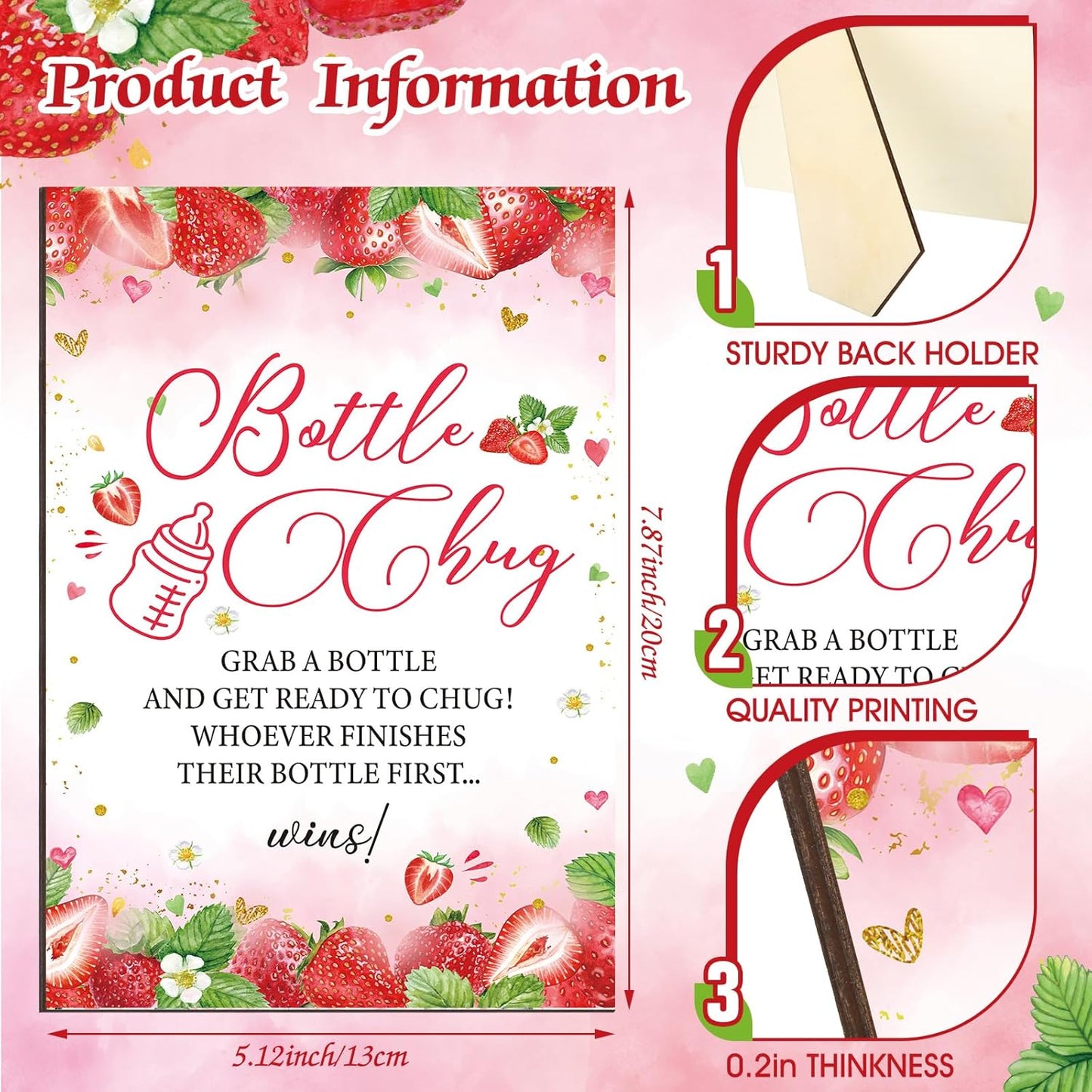 TrelaCo Cool Baby Shower Games Wooden Bottle Chug Sign Strawberry Theme Gift Sets and 12 Pcs Baby Bottle Shower Favor for Rustic Kraft Games Gender Reveal