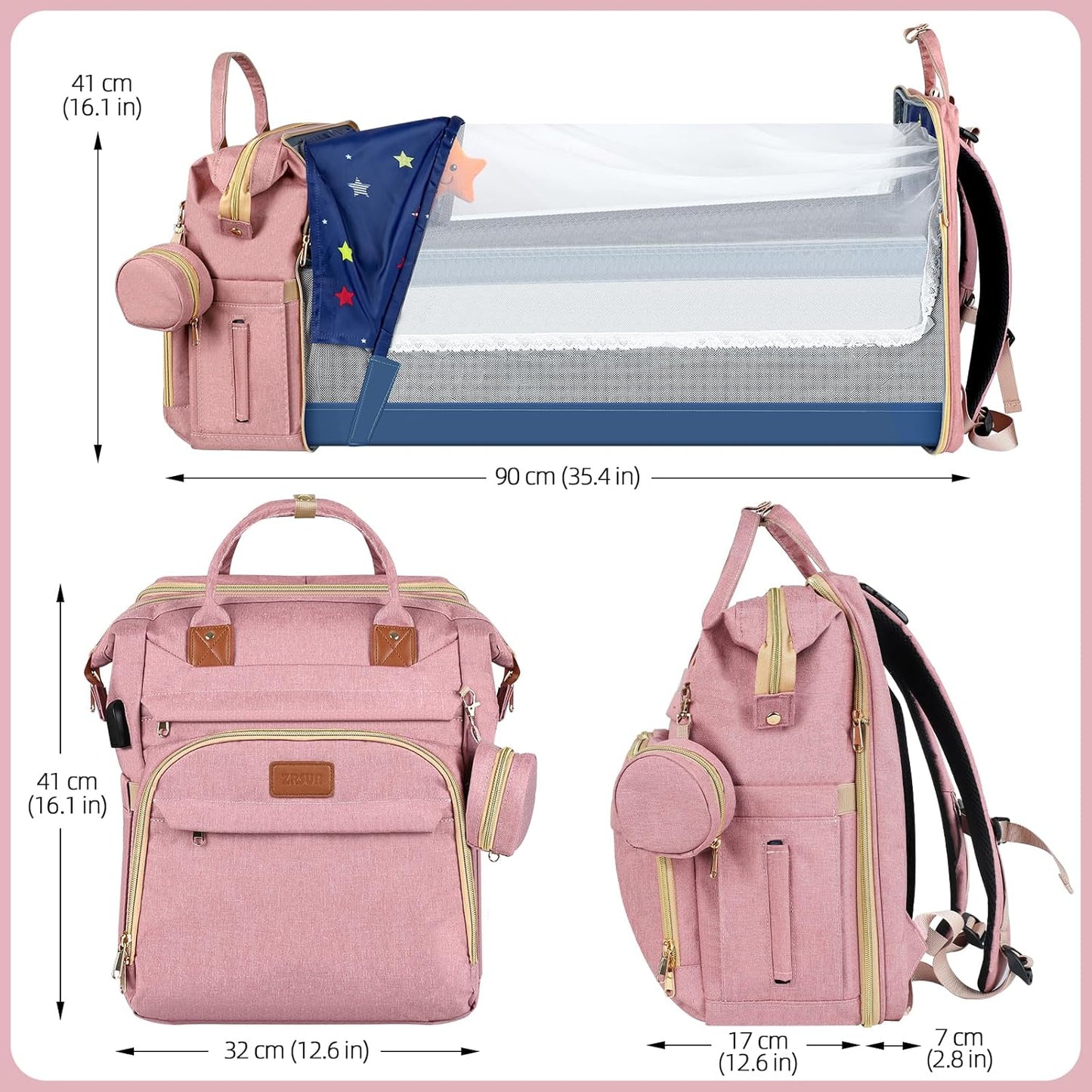 Baby Diaper Bag Backpack,Baby Shower Gifts, Multifunctional Travel Diaper Bag, Gifts for Mom with Portable Diaper Pad,Pink