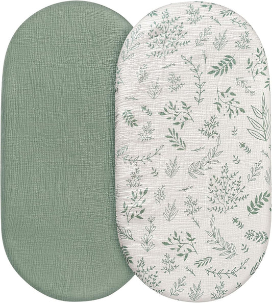 Muslin Bassinet Fitted Sheets, 2 Pack for Baby Boy and Girl, Soft Breathable Stretchy Baby Pad/Mattress Sheet Set, Universal Fit for Hourglass Oval and Rectangle Bassinet Mattress (Natural Leaves)
