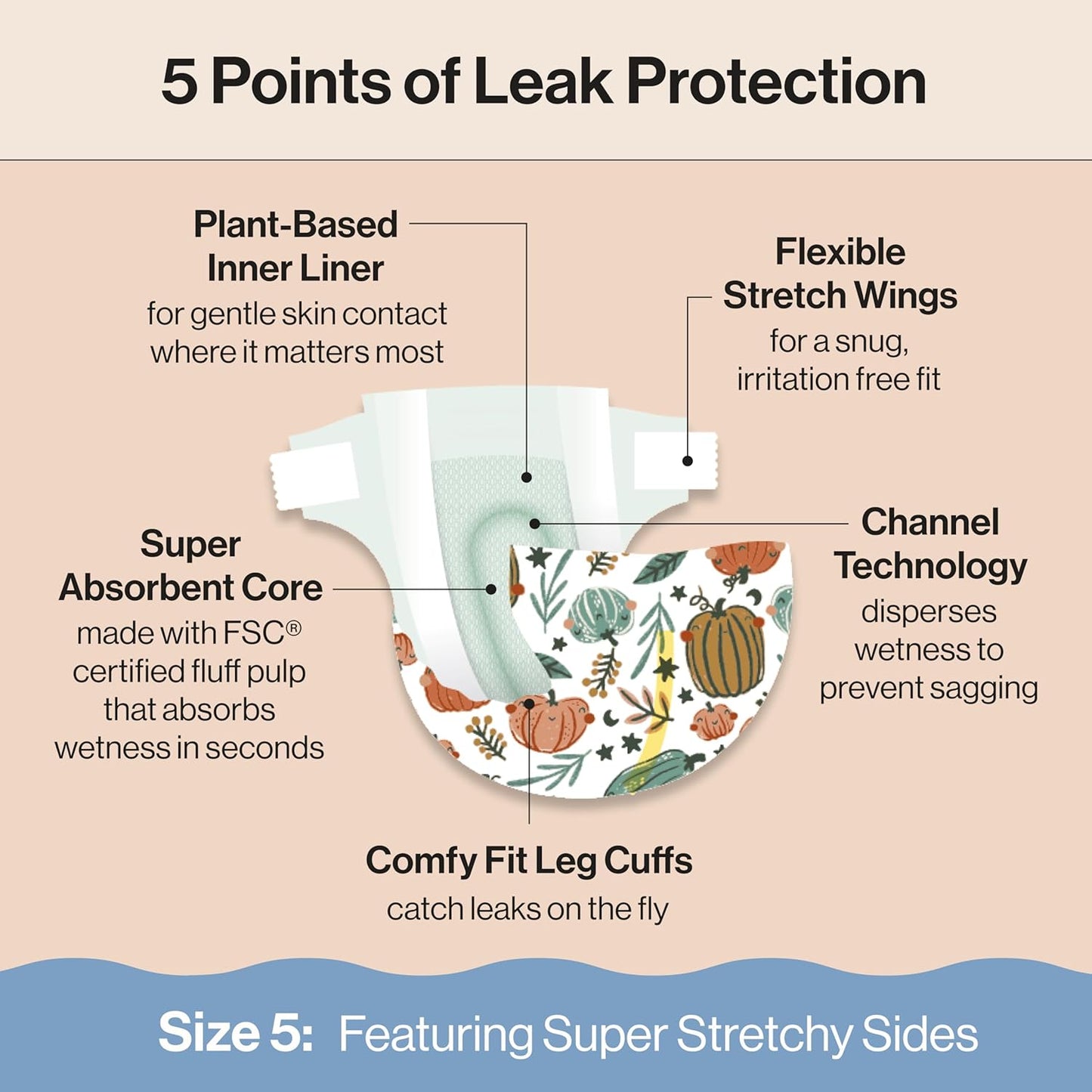 The Honest Company Clean Conscious Diapers for Delicate Skin | Up to 100% Leakproof | Hypoallergenic, Fragrance Free | Fall '25 Limited Edition Prints | Club Box, Size 5 (27+ lbs), 44 Count