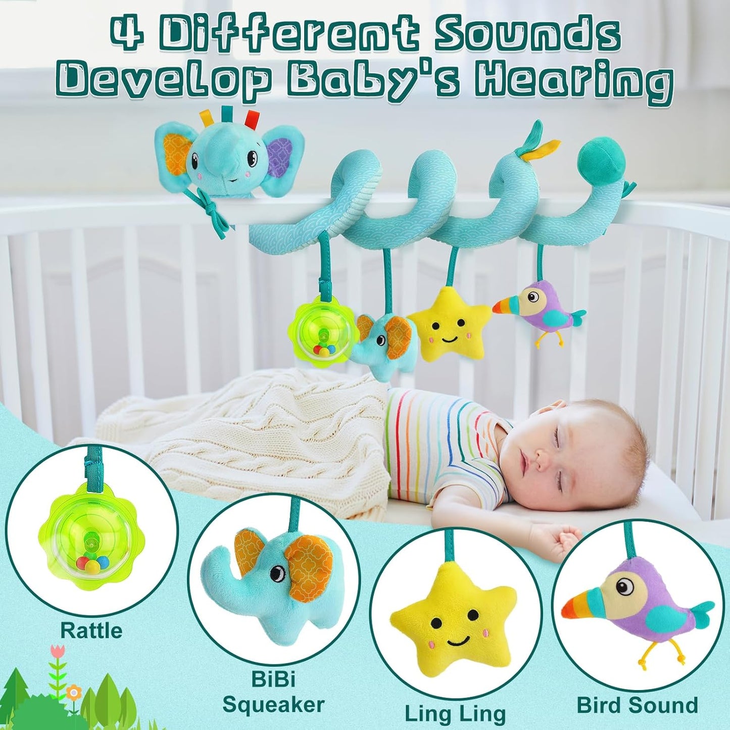 FPVERA Spiral Car Seat Activity Toy, Stroller Arch Baby Crib Hanging Toy with Rattle, Squeaky, Ringing Bell for Bassinet, Stroller, Crib for Infant Newborn Boy Girl Ages 0-12 Months
