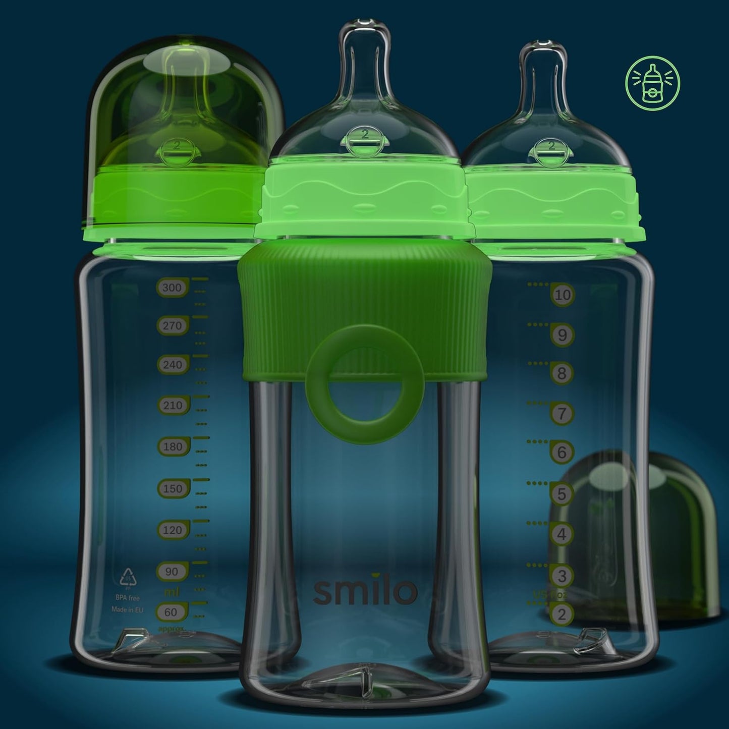 Smilo Baby Bottle Set with Stage 0 Slow Flow Anti Colic Nipple, 10 Oz / 300 ml Capacity, 3X Pack of Anti Colic Baby Bottles 0-3 Months - Glow in The Dark