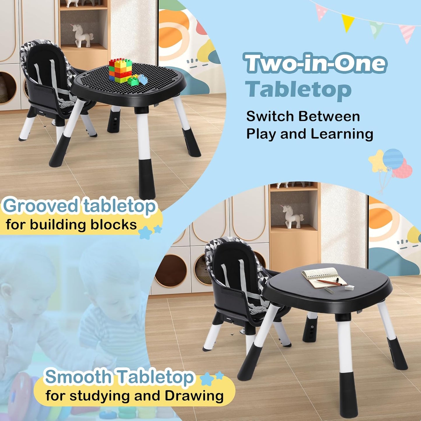 Xilingol 15-in-1 Convertible High Chair, 2-in-1 Baby Highchair & Activity Center W/Toys, Booster Seat | Building Block Table | Toddler Chair W/Removable Tray & 5-Point Harness & 2-Layer Cushion(Black)
