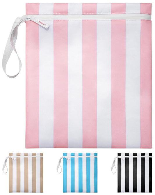 Bodysurf Wet Bags for Baby, Kids, Toddlers, Pump Parts, Cloth Diapers, Dirty Laundry - Wet Bag for Swimsuit, Beach, Pool, Gym, Travel - Reusable Waterproof Stripe Travel Toiletry Pouch - Dusty Pink