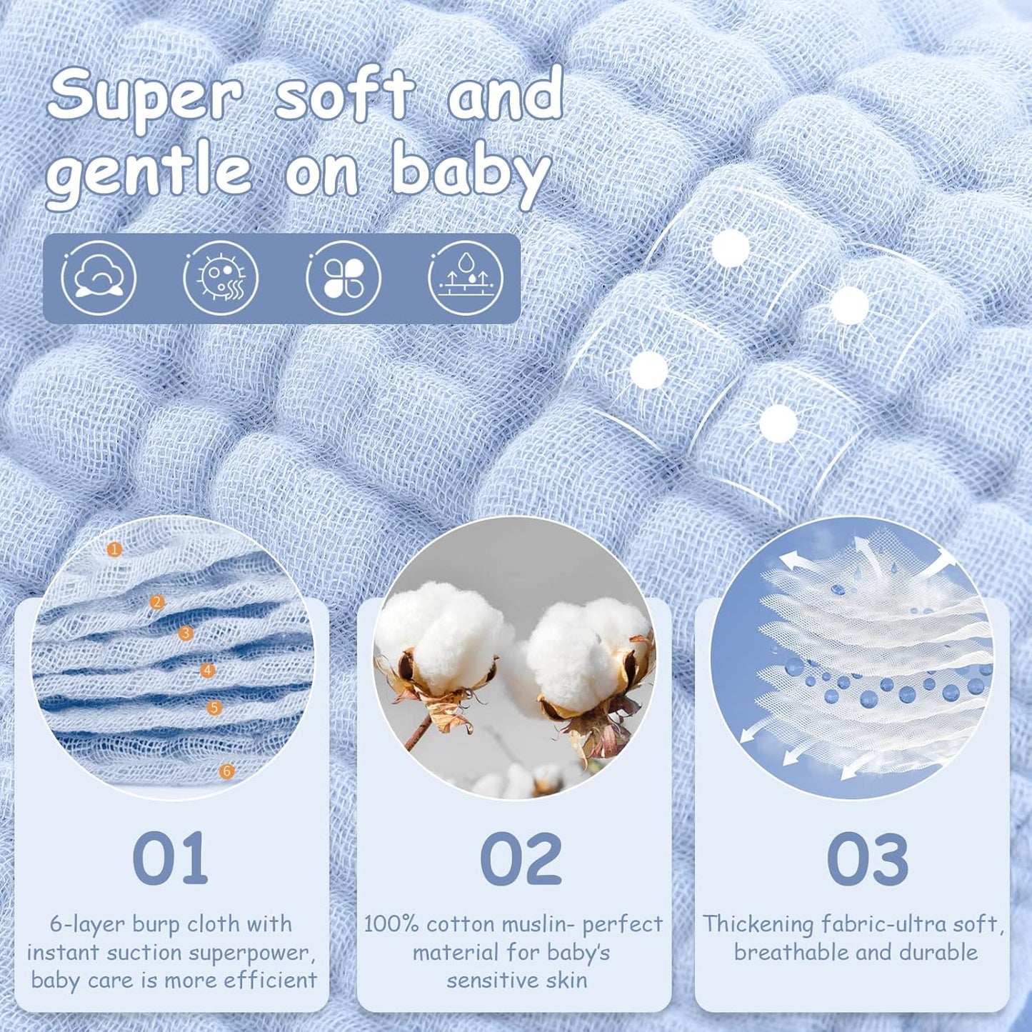 Looxii Muslin Burp Cloths 100% Cotton Muslin Cloths Large 20''x10'' Extra Soft and Absorbent 6 Pack Baby Burping Cloth for Boys and Girls (Blue)
