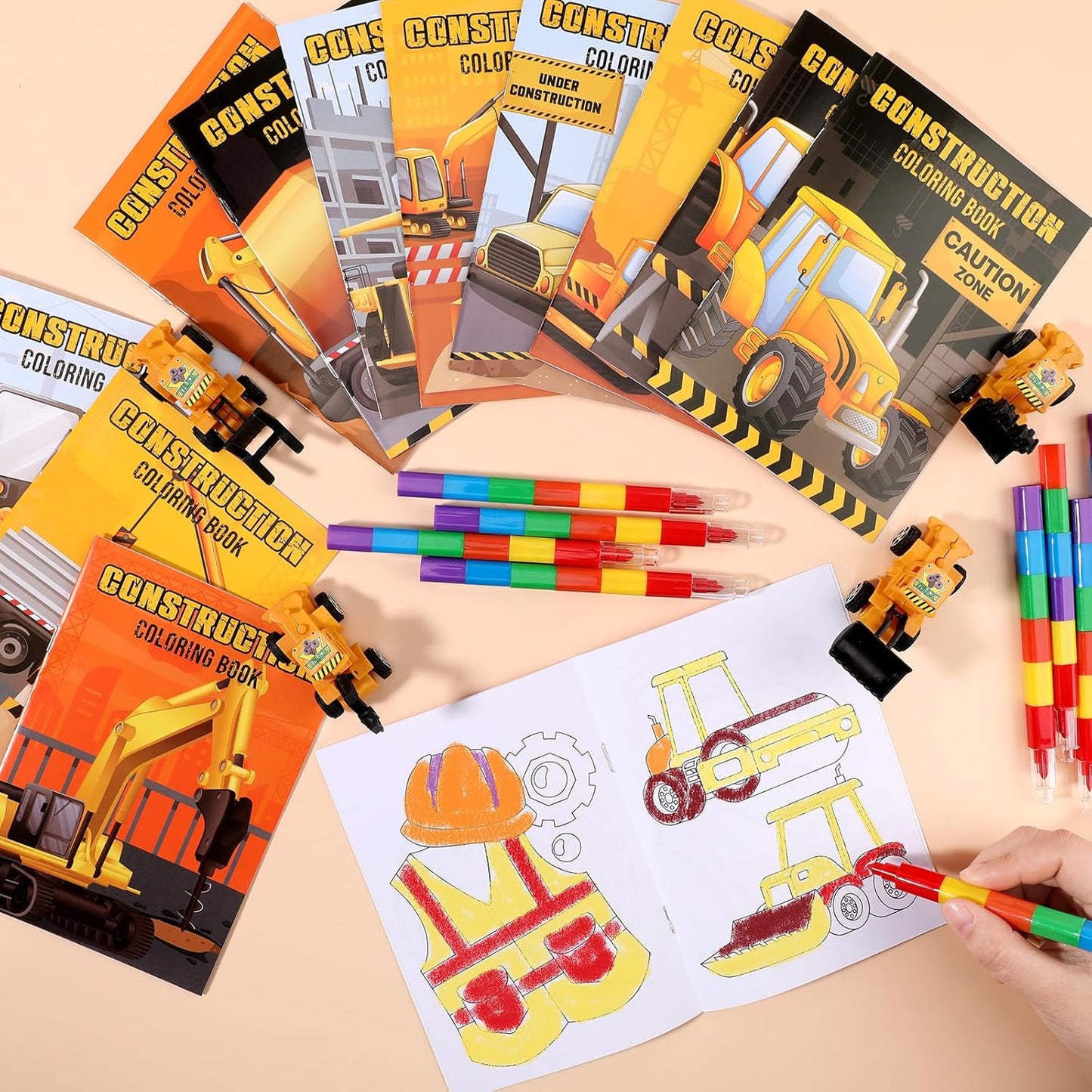 BenLouis 12 Construction Mini Coloring Books Kids with 12 Stacking Crayons Excavator Theme Party Favors Small Activity Books Bulk for Kids Construction Birthday Party Gift Goodie Bag Stuffers