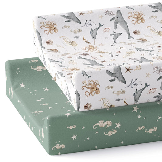 Baby Changing Pad Cover 2-Pack for Boys, Girls (Ocean Odyssey) - Premium Fitted Sheets Baby Diaper Changing Table Cover - Buttery Soft Cotton Blend