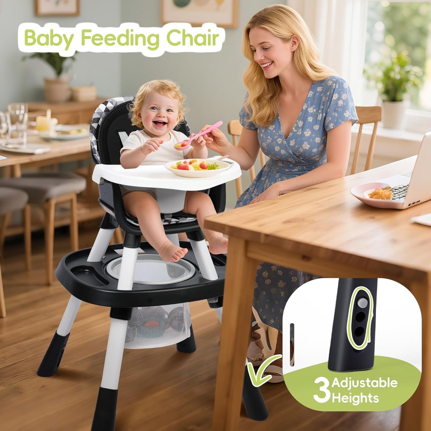 15 in 1 Convertiable High Chair for Babies and Toddlers, 2 in 1 Highchair & Activity Center w/Toys, Booster Seat, Toddler Chair w/5-Point Harness & Removable Tray & 2-Layer Cusion (Black)