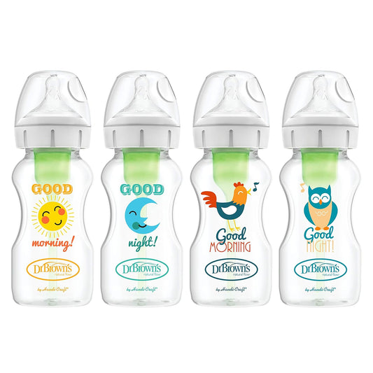 Dr. Brown's Natural Flow Anti-Colic Options+ Wide-Neck Baby Bottles, 9 oz/270 mL, with Level 1 Slow Flow Nipple, 4 Pack Good Morning/Good Night Gift Set