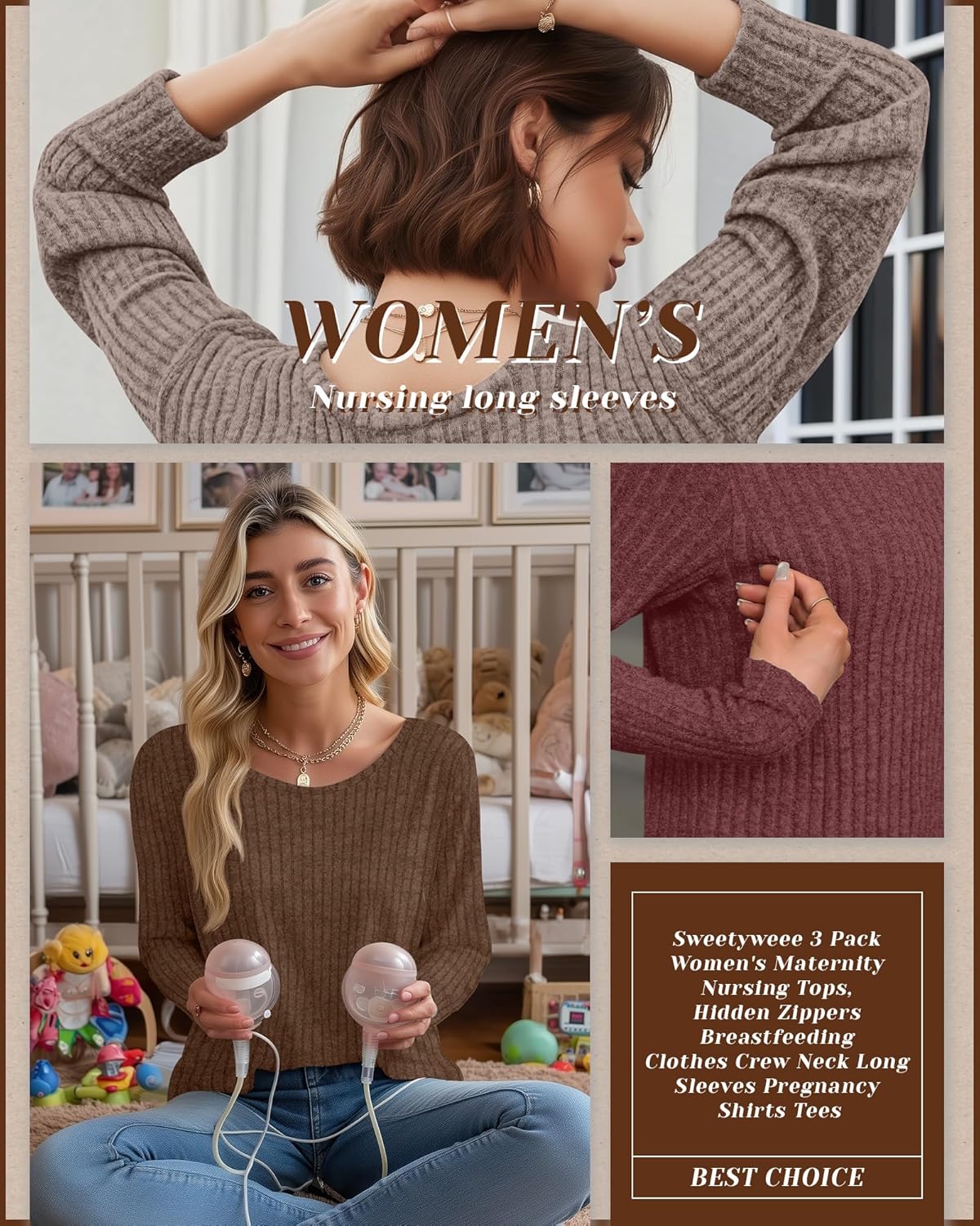 3 Pack Women's Nursing Long Sleeve Tops Breastfeeding Thermal Sweaters with Hidden Zipper Maternity Ribbed Shirts