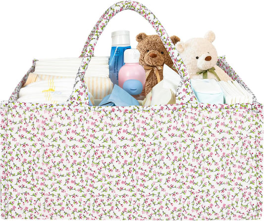 Floral Quilting Diaper Caddy Organizer, Quilted Diaper Bag, Stylish Nursery Storage Basket, Gift for Baby Shower, Diaper Caddy Organizer for Changing Table, Newborn Essentials, Pink Floral