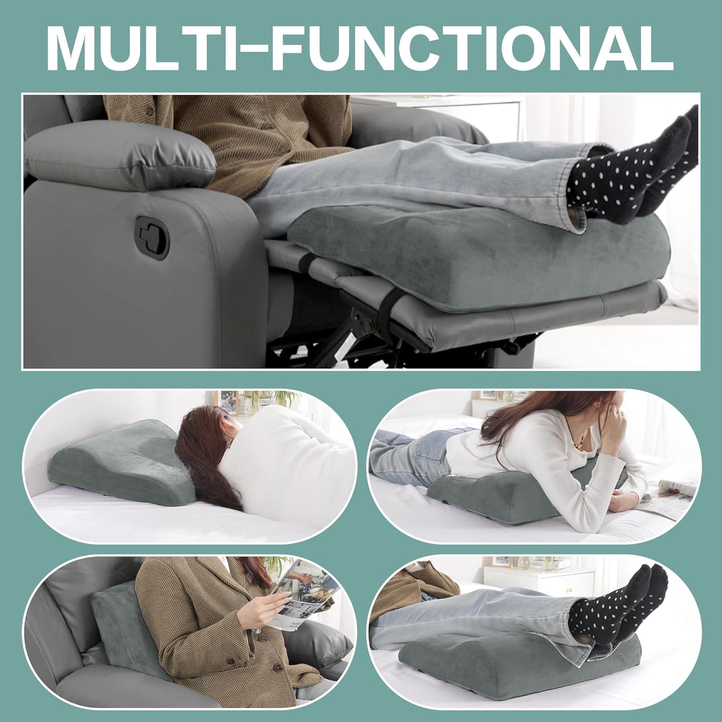 HOMBYS Extra Large Recliner Leg Pillow, Foam Foot Rest Cushion Wave Shape Recliner Footrest Extender, Multi Purpose Back & Lumbar Support Pillow for Bed, Sofa Couch, (Light Grey)